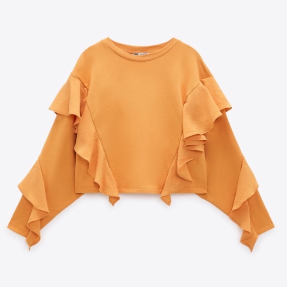 Zara Orange cropped Ruffled Sweater EUC Medium Womens